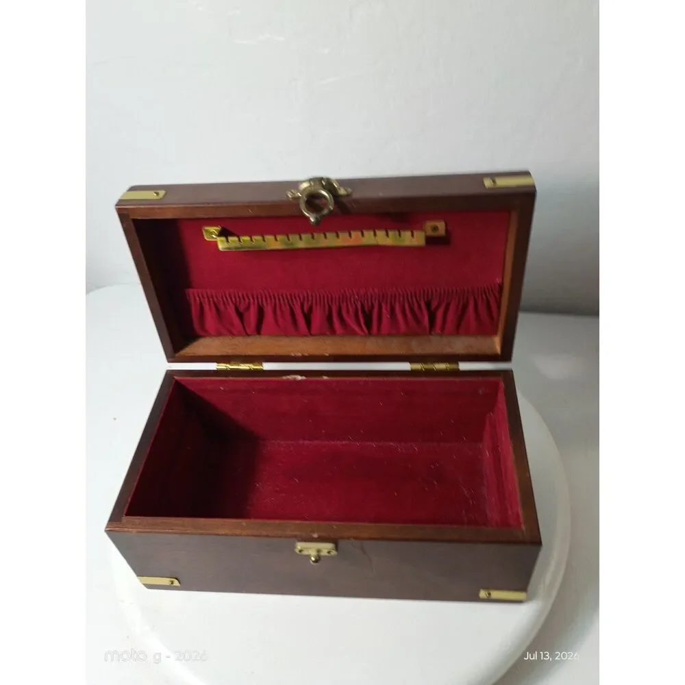 Vintage Wood Jewelry Chest Removable Tray Red Velvet Lining Brass Hardware